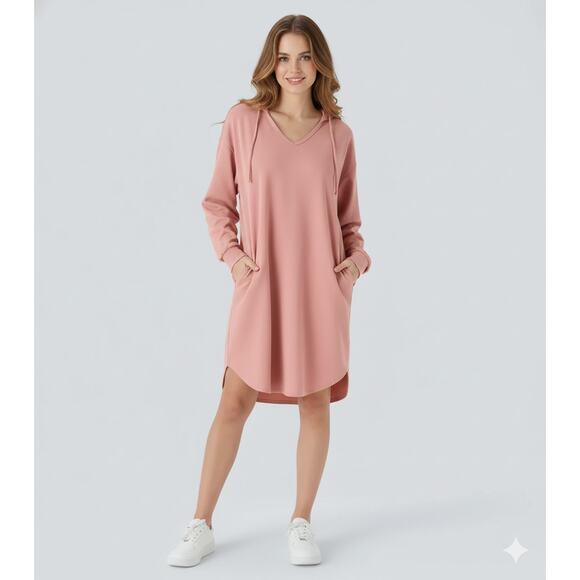 Halara Dress Large Rose Pink Hooded Sweatshirt V Neck Pocket Waffle Knit Casual - Picture 16 of 16